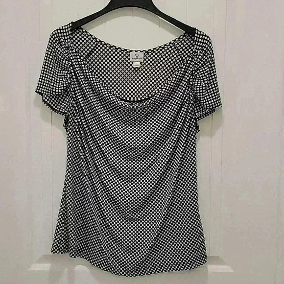 Worthington Stretch Black White Polkadot Short Sleeve Blouse Size XL - Picture 6 of 6